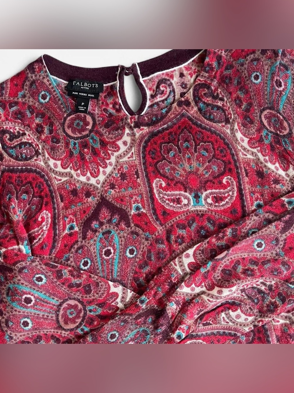 Talbots Petites Red Paisley Pure Merino Wool Lightweight Sweater - Picture 5 of 7